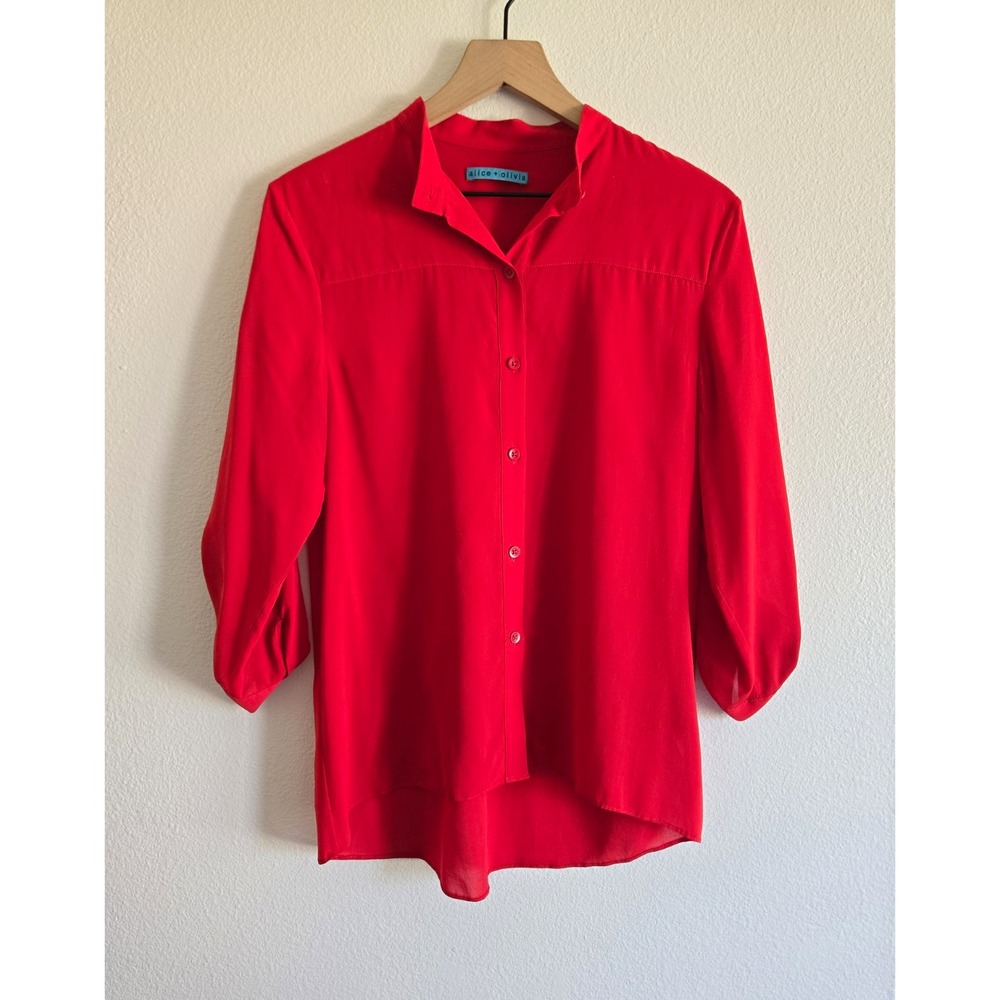 alice+olivia Red Silk Chiffon Collared Button Top Small Office Career Quiet Luxe
